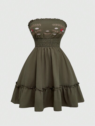 Fairycore Vestido corto de mujer con bordado de setas y hojas estilo campo