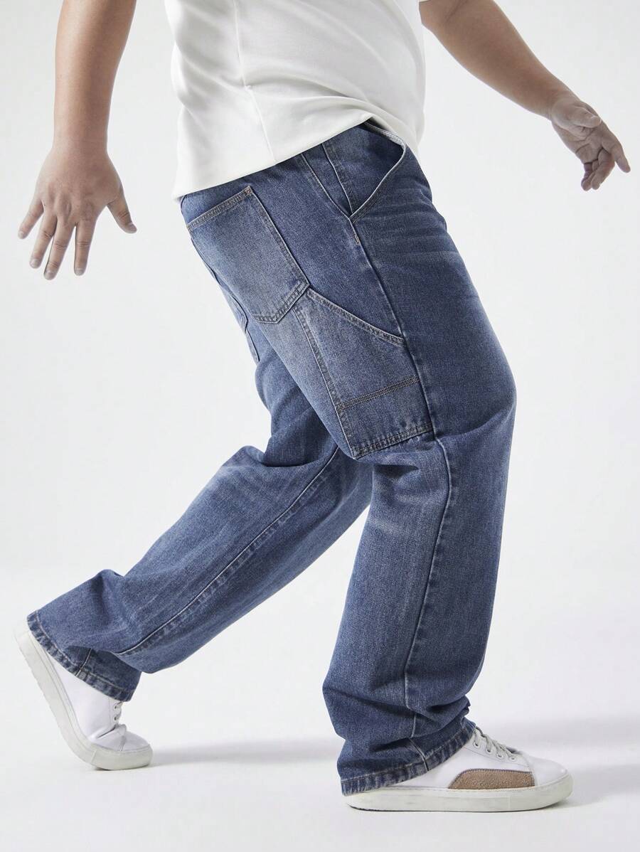 Chillumni Plus Size Men's Simple Multi-Pocket Loose Casual Jeans - Medium Wash - View 1