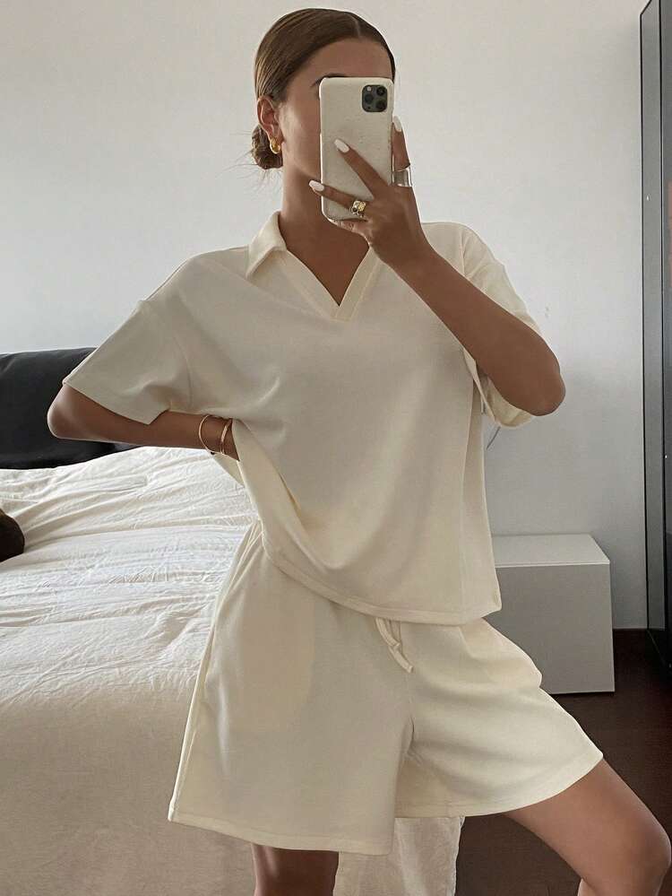 2pcs Women Set: Solid Color Drop Shoulder Blouse And Shorts, Summer Clothes