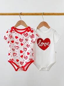 SHEIN 2pcs/Set Baby Boys Cute Heart Print Bodysuit, Spring/Summer For Valentine's Day