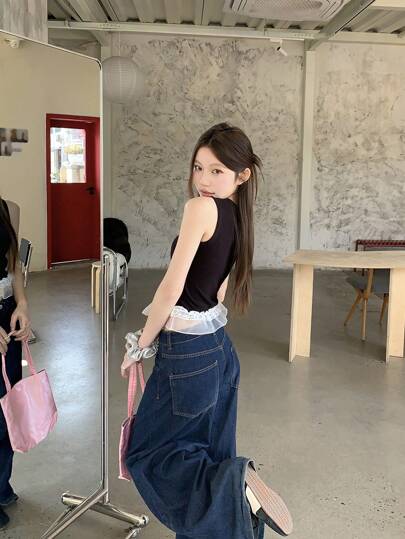 DAZY 女士高领纯色蕾丝撞色拼接无袖背心夏季