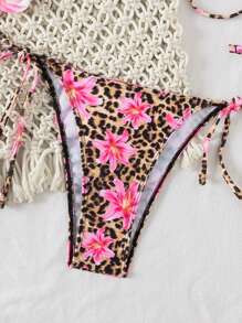 Swim Mod 女士豹纹花朵图案 3D 花卉泳衣套装，适合夏季海滩度假 - 彩色 - 查看 3