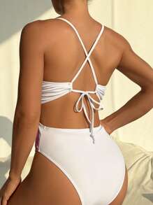 Swim Vcay Springbreak Swim Vcay Women Positioned Print Plunge Backless Criss-Cross Strap One-Piece Swimsuit, Sexy For Summer Holiday