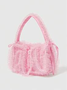 ROMWE Kawaii 可爱蕾丝边蝴蝶结装饰女士手提包粉色