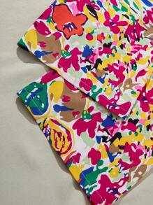 SHEIN Tween Girls Casual Vacation Hollow Back Contrast Color Big Bow Cap Sleeve Ditsy Floral Cinched Waist Romper