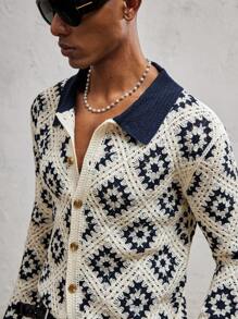 SHEIN X ELOISA & ORSON AKNOTIC Business Casual Cárdigan calado de color contrastante ajustado para hombre, adecuado para las temporadas de primavera y otoño