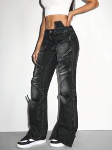 SHEIN ICON Women's Front Button Pocket Simple Casual Jeans, Everyday Wear - Black - View 1
