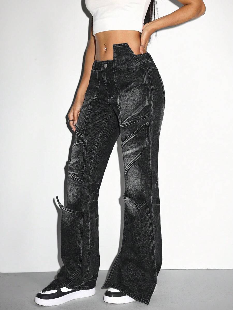 SHEIN ICON Women's Front Button Pocket Simple Casual Jeans, Everyday Wear - Black - View 1