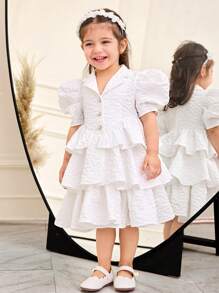 SHEIN Leap Crew Baby Girl Elegant Collared Puff Sleeve Ruffle Hem A-Line Dress - White - View 5
