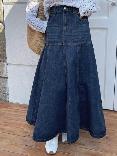 DAZY Chân váy denim nữ kiểu dáng thường ngày có túi, dáng chữ A, thích hợp cho mùa tựu trường.