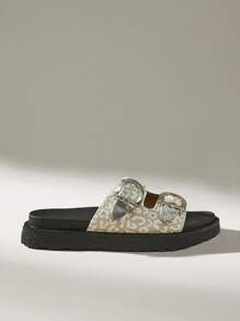 Solecia Sandalias de diapositiva retro con suela gruesa, de tejido versátil y de moda para el verano, de punta abierta para mujeres - Beis - Ver 5