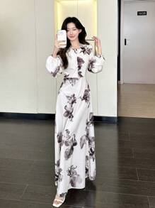 Modelyn 女士编织印花纽扣式 A 字长裙 - 米色 - 查看 5