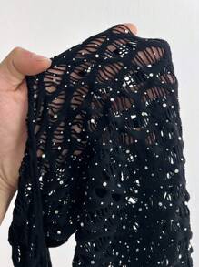 Flirla Fashionable European And American Style Rhinestone Decoration Black Fishnet Bodysuit, Halter Neck, Sexy Tight-Fitting - Black - View 7