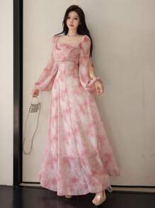 Modelyn Women's Chiffon Ditsy Floral Draped Neck Waist Fit & Flare Casual Holiday Dress Fall Cloth For Women