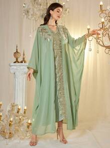 Layrah Custom Sequin Embroidered Splice Loose Luxury 2 Pieces Dress Set For Women, Modest Kaftan - Green - View 5