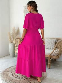 SHEIN LUNE Plus Size Hot Pink Maxi Dress For Women: Summer Vacation Tiered Dress With V-Neck And Belt - Hot Pink - View 2