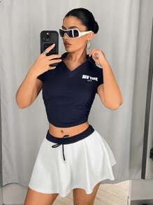 SHEIN ICON Women Y2k Short Sleeve Letter Print T-Shirt And Contrast Color Mini Tennis Skirt 2pcs Set,Everyday Wear,Sporty Style