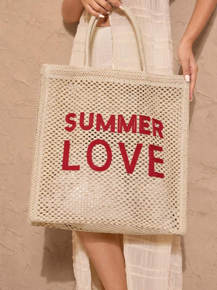 SHEIN BAE Letter Pattern Tote Bag, Casual Everyday Carry Bag - Beige - View 4