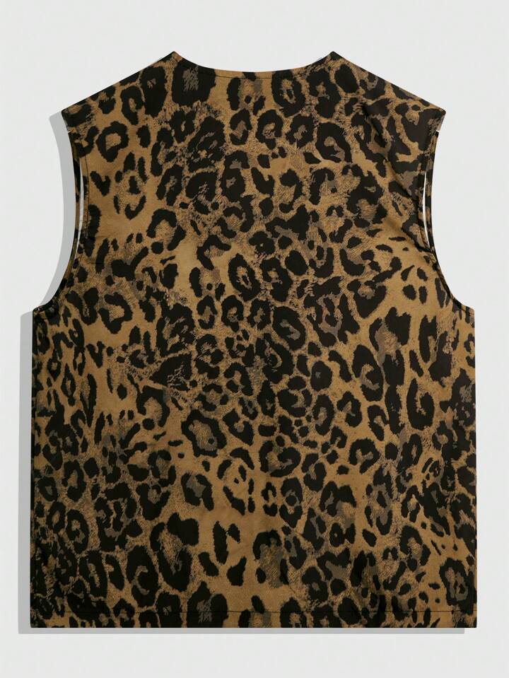 Our Street Life Men's Leopard Print Front Zip Pockets Sleeveless