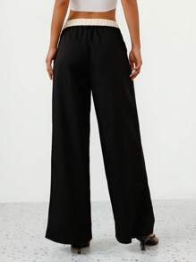 Femmeiva Pantalon ample décontracté à jambes larges et longueur extra-longue, avec plis et nœud à la taille. Design simple et élégant en couleur contrastée, polyvalent pour les déplacements - Noir - Voir 2