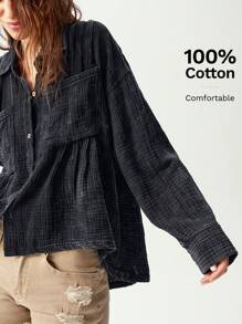 Bohemela Women's Casual Solid Color Woven Turn-Down Collar Open Front Short Sleeve Loose Long Shirt - Black - View 2