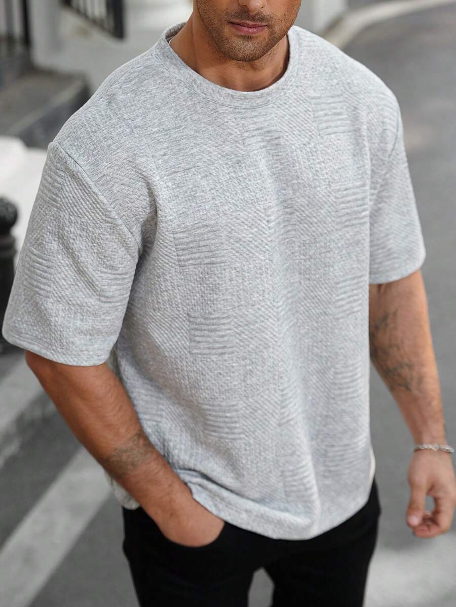 Manfinity Homme Áo thun nam tay ngắn cổ tròn màu trơn cỡ lớn thường ngày - Xám - Xem 1