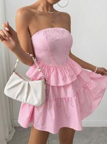 SHEIN EZwear 格纹抹胸短款上衣搭配荷叶边下摆优雅迷你连衣裙