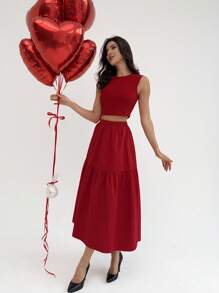 SHEIN Privé 节日新款浪漫优雅情人节简约百搭红色针织无袖上衣和高腰荷叶边下摆短裙套装，情人节现代时尚复古别致装 - 紅色 - 查看 5