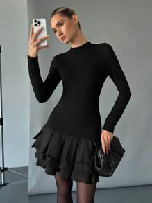 SHEIN Essnce Ladies Casual Elegant Solid Color Ruffled Hem Slim Fit Mini Dress Bubble Girl Black Lantern Dress Hem Dress /Flower Bud Hem/Ruffle/Birthday Outfit/Bubble Christmas Party Dress New Year Eve Dress Holiday Dress