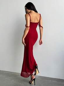 Aloruh 女士优雅纯色酒红色复古性感荷叶边细肩带连衣裙，适合约会、下午茶、舞会、派对、情人节、情人节服装、女士连衣裙、优雅连衣裙、女士节日服装、女士夏季服装、女士红色连衣裙、女士生日连衣裙 - 紅色 - 查看 2