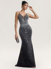 SHEIN Belle Vestido largo elegante de mujer con tirantes de espagueti adornados con strass y perlas falsas, vestido de invitada de boda, vestido de fiesta, vestido de noche, vestido de gala, color negro - Negro - Ver 3