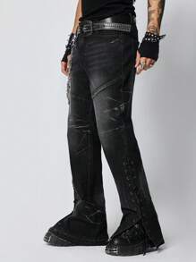 ROMWE MEN Anime Jeans casuales de pierna recta con múltiples bolsillos para hombres