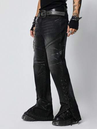 Anime Jeans casuales de pierna recta con múltiples bolsillos para hombres