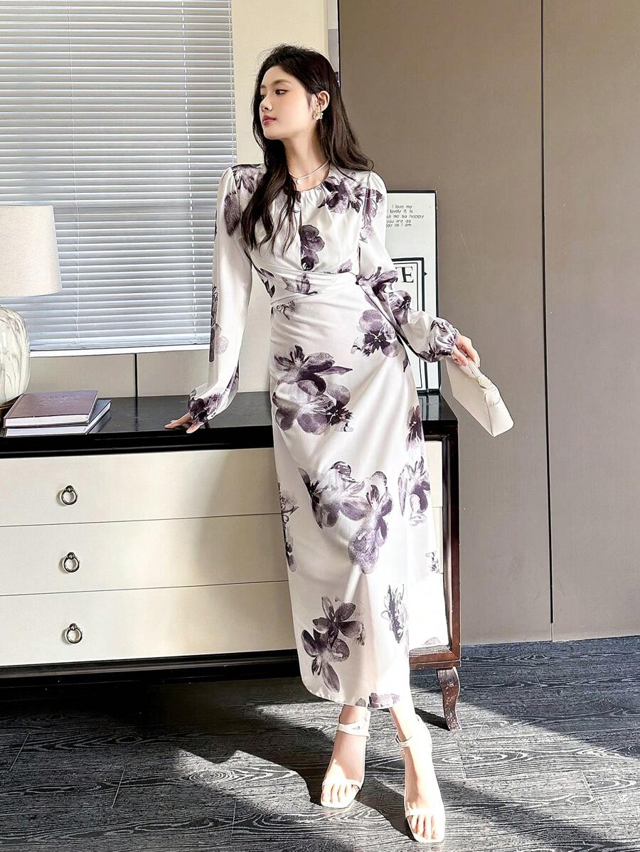 Modelyn 女士编织印花纽扣式 A 字长裙 - 米色 - 查看 1