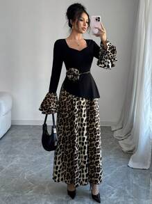 Modelyn Women's Woven Contrast Paneled Leopard Print Cinched Waist Dress - Black - View 7