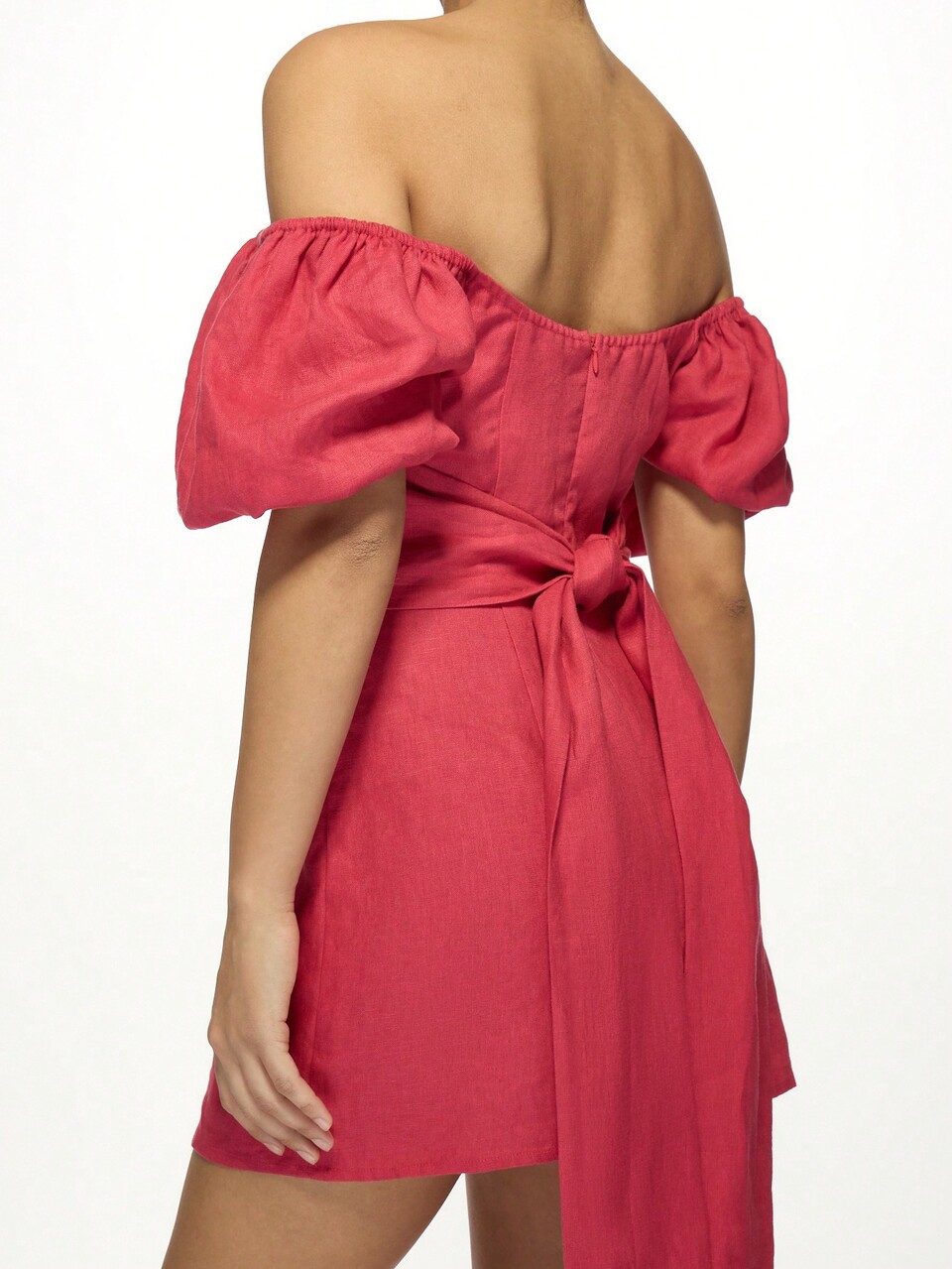 MISSGUIDED Milkmaid Off-Shoulder Puff Sleeve Bow Back Linen Mini Dress Christmas