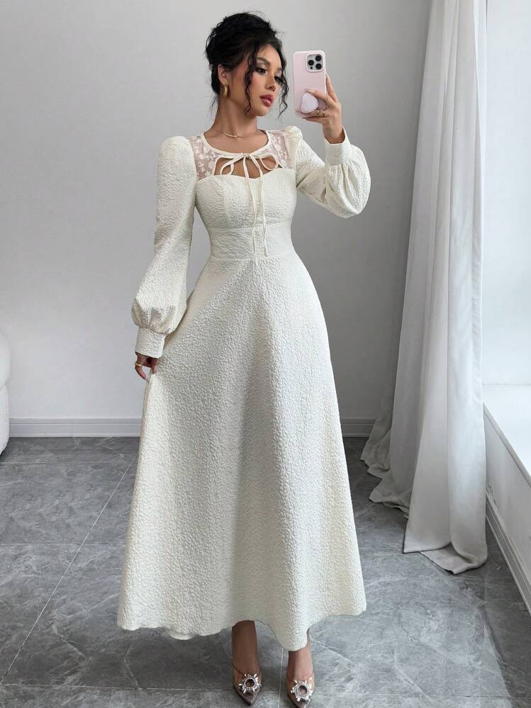 Modelyn Women's Jacquard Splicing Lace A-Line Long Sleeve Dress - Apricot - View 1