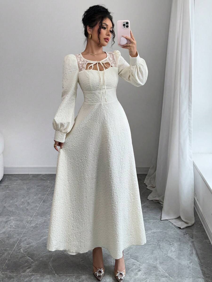 Modelyn Women's Jacquard Splicing Lace A-Line Long Sleeve Dress - Apricot - View 1