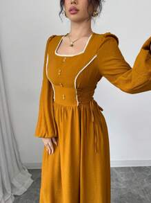 Modelyn Women's Yellow Woven Square Collar Ruffle Tie-Waist Button Front Dress - Yellow - View 4