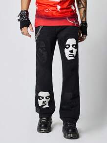 ROMWE MEN Street Life Men's Grunge Punk Casual Face Graphic Print Straight Leg Jeans - Black - View 2