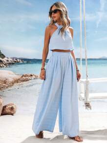 Vivid Eden 2pcs Women's Set: Solid Off Shoulder Crop Top & High Waist Loose Pants, Summer Clothes, Valentine's Day, Vacation Outfits Woman, Beach Outfits For Woman, Festival, Romantic, Bohemian, BOHO, Sweet, Rave Outfits Festival, Tropical Vacation Woman Clothes - Baby Blue - View 4