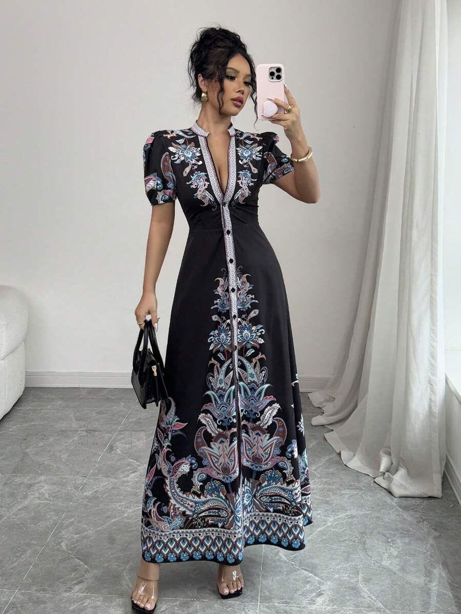 Elenzga Women's 2025 New Elegant & Sexy Deep V-Neck Fitted Long Dress - Black - View 1