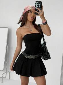 SHEIN EZwear Women's Spring/Summer Vintage Basic Strapless Solid Color Pleated Simple Black Dress For Festival - Black - View 3