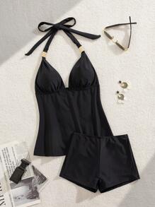 Swim Basics Summer Women's Black Elegant Vintage Soft Cup Backless Halter Tankini Set With Gold Ring Decor - Black - View 6