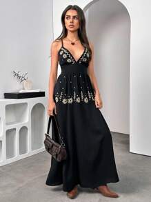 Chiquease Vestido con cuello en V profundo con bordado floral para mujer, ropa de playa de vacaciones - Negro - Ver 5