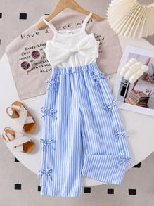 SHEIN 年轻女孩针织吊带背心条纹拼布连体裤，收腰宽松直筒裤，休闲夏日度假装 - 藍色 - 查看 6