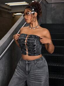 SHEIN ICON Plus Size Strapless Collar Simple Fitted Casual Denim Top - Black - View 4
