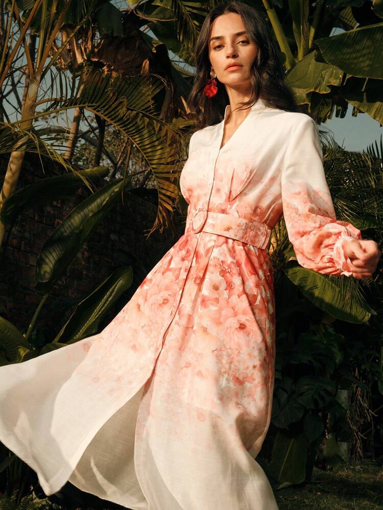 Women's Floral Print Long Dress With Buttons Belt Elegant Spring Outfits