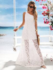 SHEIN VCAY Đầm Maxi Ren Trơn Một Vai Thanh Lịch Cho Nữ - trắng - Xem 5