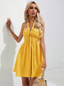 SHEIN Unity Vestido de mujer de unicolor con pliegues, sin mangas, estilo halter, bohemio, de vacaciones, de moda, color amarillo pastel para verano, primavera, otoño - Amarillo - Ver 3